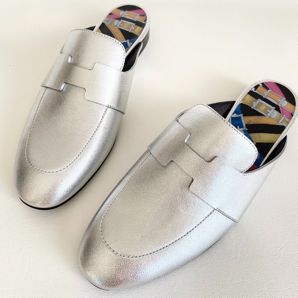 HERMES H CATENA SILVER LEATHER MULES FLIP FLOPS SHOES FLAT SLIDES 36 - Picture 9 of 15